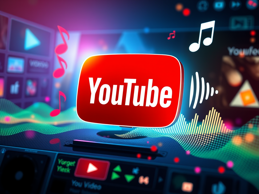 A whimsical, colorful digital audio workstation interface, bursting with vibrant control knobs shaped like musical notes and microphone icons with smiling faces. The control panel floats above a glossy, rainbow-tinted desk surrounded by swirling abstract waves and animated music staff lines winding through floating digital screens. The scene is set in an energetic, bright studio filled with rounded forms and playful curves. Soft, radiant studio lighting with subtle neon glows casts cheerful highlights and rounded shadows, reinforcing an upbeat and magical mood. Shot at a slightly elevated angle with a balanced, centered composition, every control glows invitingly. The digital-art style emphasizes vivid colors and dynamic layouts, evoking the creative possibilities of custom AI-powered multimedia creation for the site.