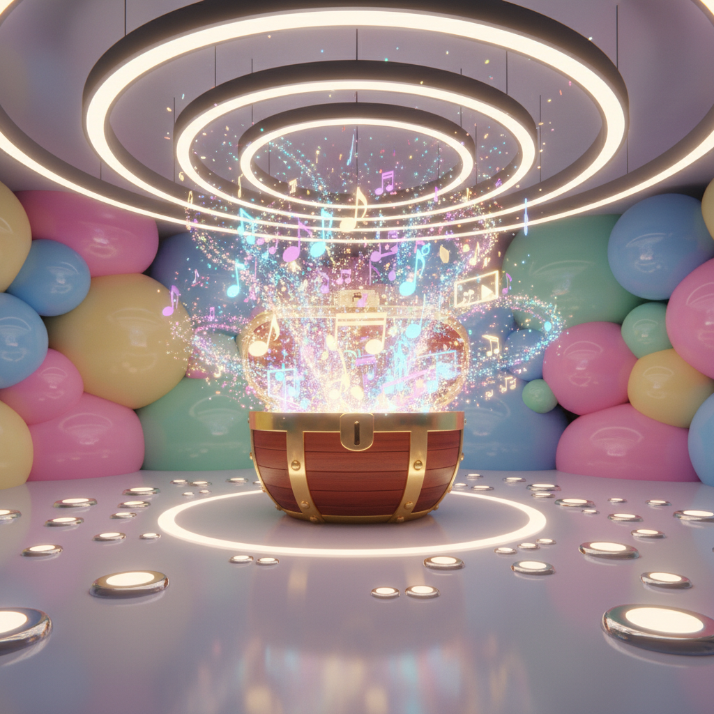 An imaginative AI engine shaped like a magical treasure chest with smooth, rounded golden edges, overflowing with glittering digital streams of light transforming into bright song notes and whimsical video frames. The chest sits in the center of a circular, pop-art inspired room with pastel-colored, bouncy forms and softly glowing control buttons scattered on the floor. Bold, focused ring lighting from above casts shimmering highlights and gentle reflections on the rounded surfaces, creating a dynamic, futuristic ambiance. Captured from a low-angle perspective, this energetic composition draws the eye directly into the heart of the creative magic, using a playful, vibrant digital-art style to promote cutting-edge yet accessible multimedia wizardry.