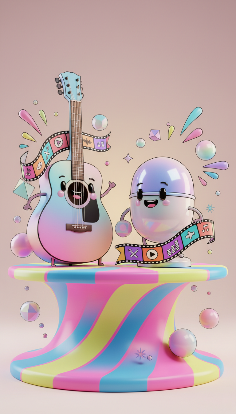 A pair of joyful, animated musical instruments—a plump, pastel-hued guitar and a glossy, bubbly microphone—draped with a swirling ribbon of stylized film strip dotted with playful icons for video editing and sound mixing. Positioned atop a gently curving, candy-colored digital desk, they are surrounded by floating geometric shapes and starbursts. Soft, diffused studio lighting bathes the scene in exuberant, celebratory glows, with highlights bouncing off every rounded curve. The mood is lighthearted and whimsical, blending bursts of color and energetic lines. The camera angle is straight-on and level, offering an engaging, approachable look at multimedia creation, all realized in bold digital-art style with a touch of cheerful surrealism.