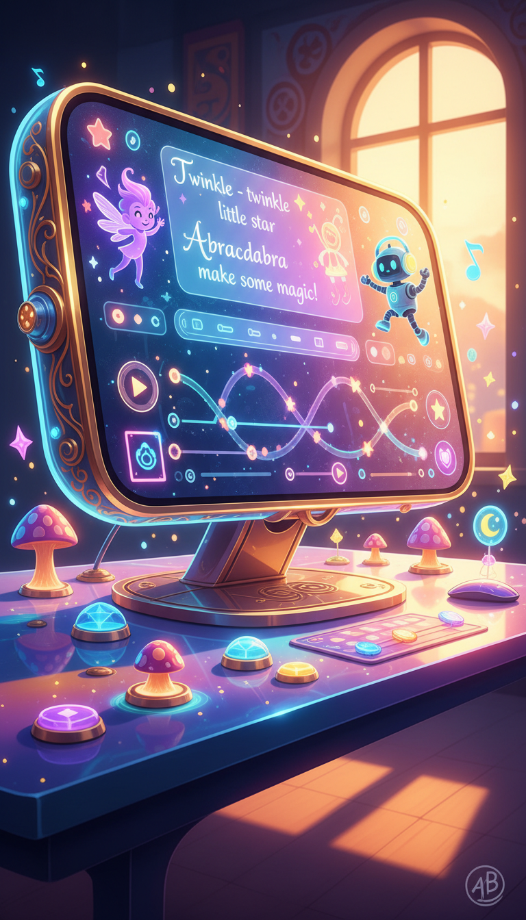 A magical, rounded computer monitor with a holographic screen displaying a vibrant, fantasy-like interface where customizable song lyrics and lively animated characters dance alongside creative video timelines. The desk below is a glossy, rainbow-hued platform scattered with playful digital tools: oversized buttons, glowing sliders, and sparkling icons. Late afternoon light glows from a virtual window, casting elongated, lively shadows on the scene and creating a warm, energetic atmosphere. The image is composed with a dynamic, three-quarters angle, inviting viewers into the creative workspace. Everything is illustrated in a dynamic, bright digital-art style, exuding approachability and professional fun, instantly connecting with those interested in magical, AI-powered multimedia content.