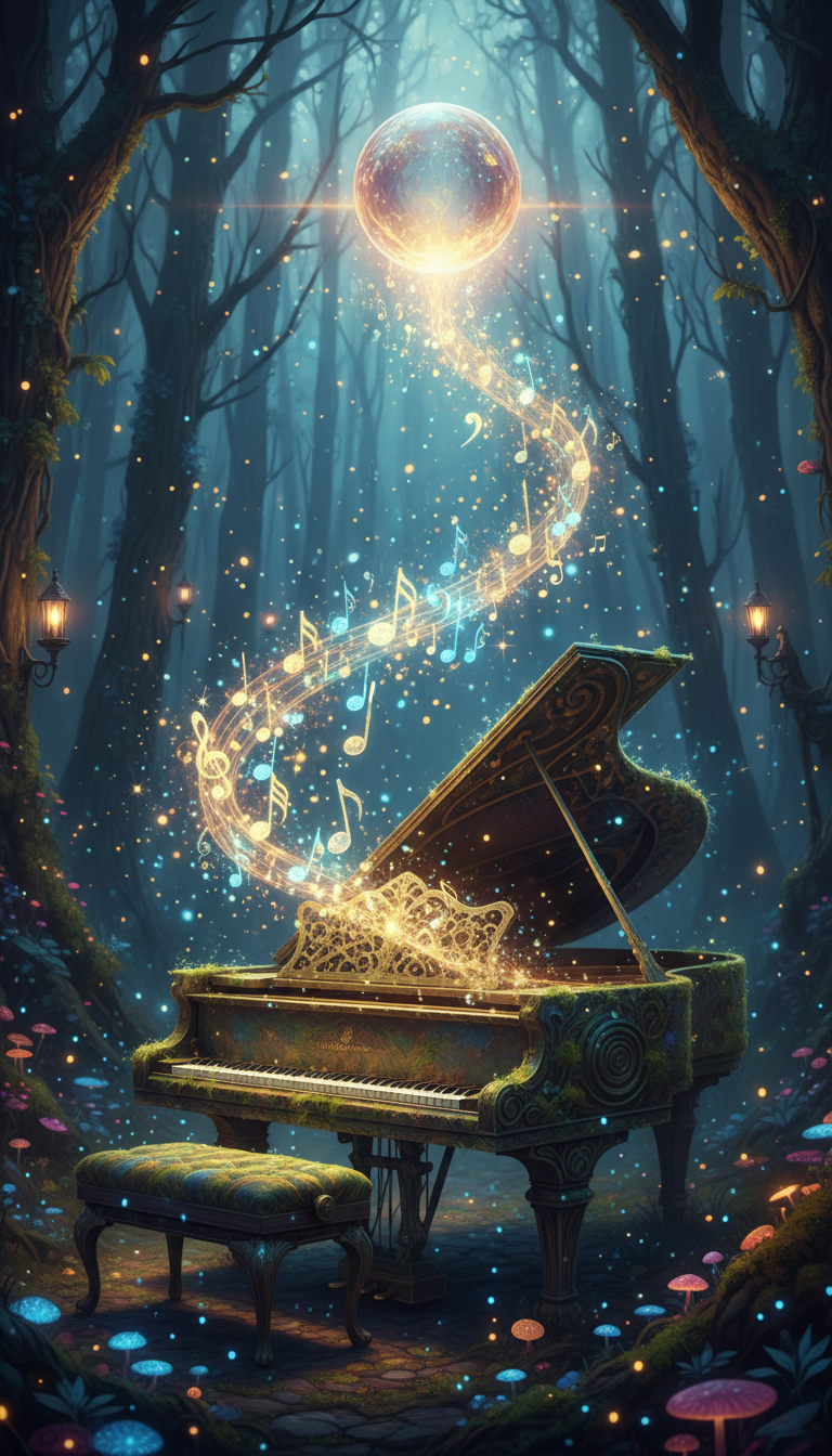 una imagen que evoque magia y sonido, como una escena mágica con notas musicales flotando y destellos de luz
